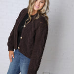 Kendra Button Down Chunky Knit Sweater Cardigan - Espresso