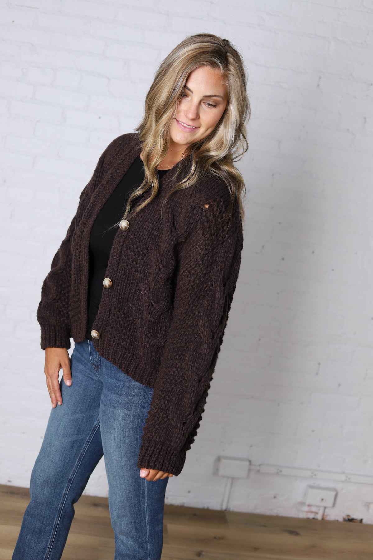 Kendra Button Down Chunky Knit Sweater Cardigan - Espresso