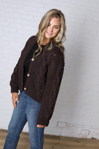 Kendra Button Down Chunky Knit Sweater Cardigan - Espresso