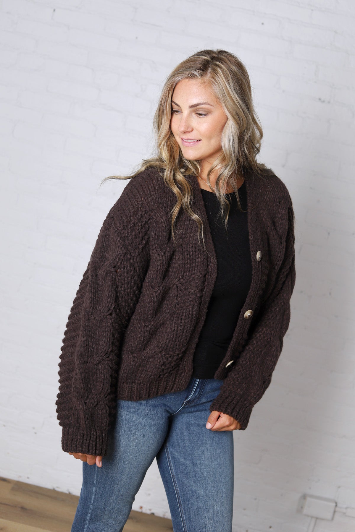 Kendra Button Down Chunky Knit Sweater Cardigan - Espresso