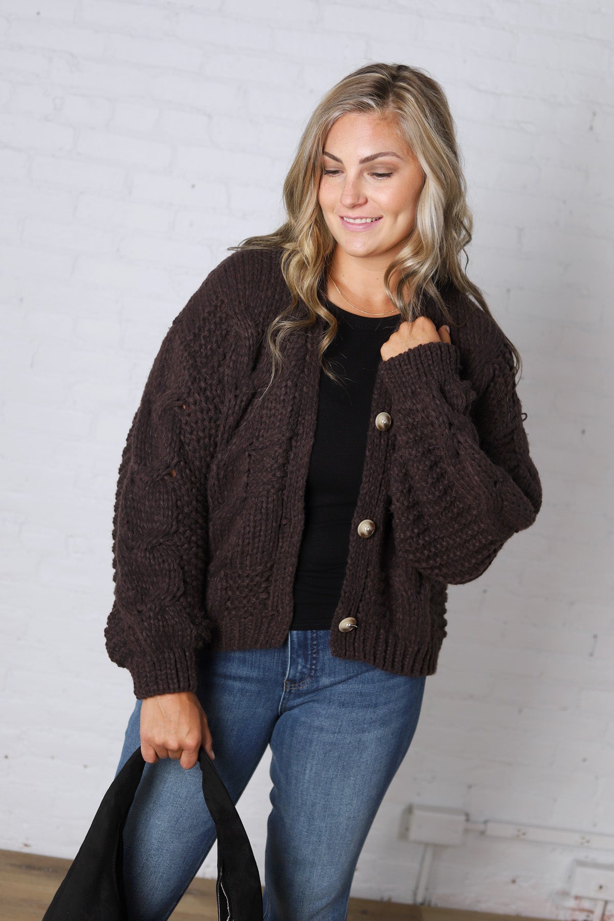 Kendra Button Down Chunky Knit Sweater Cardigan - Espresso