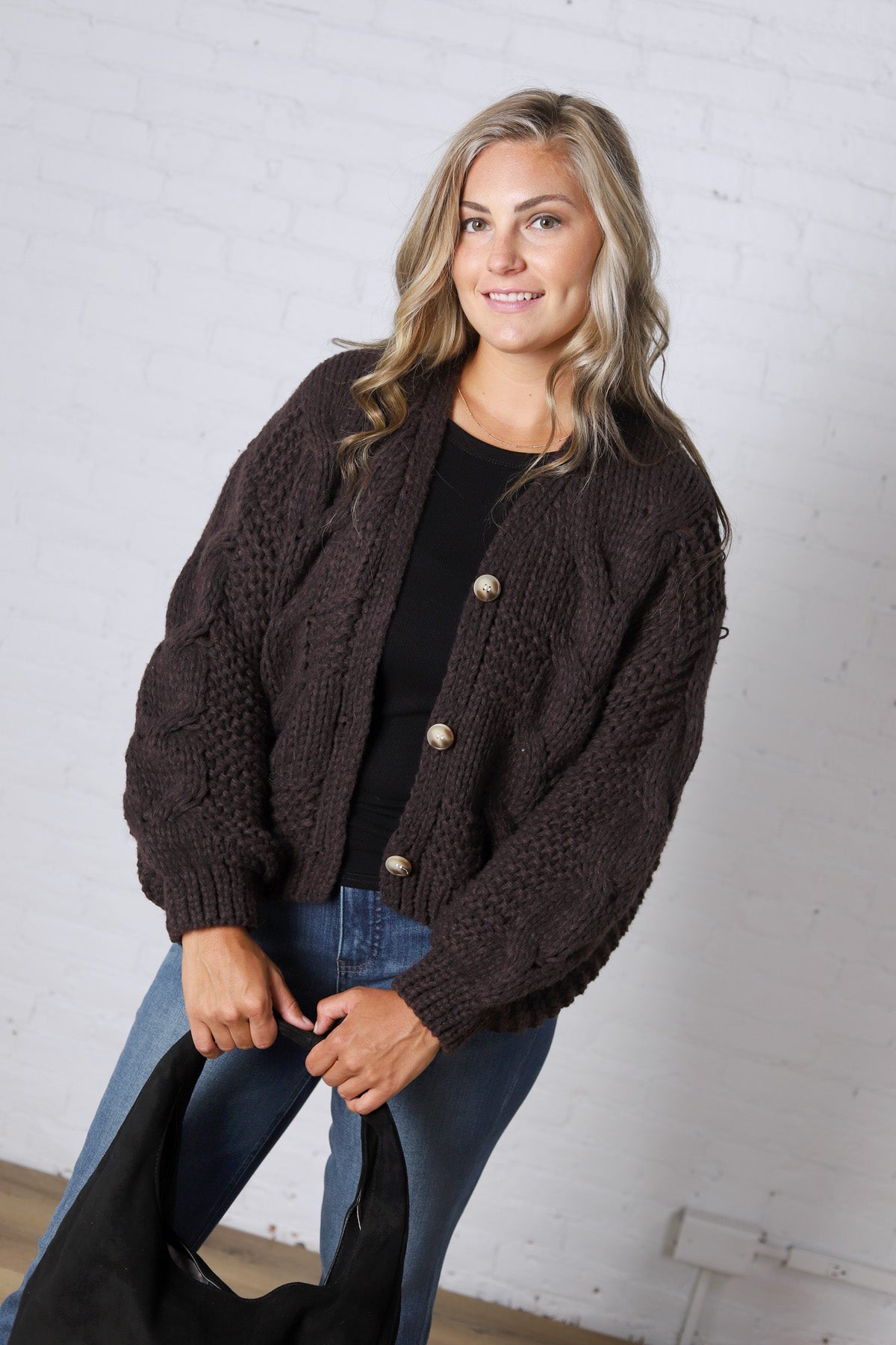 Kendra Button Down Chunky Knit Sweater Cardigan - Espresso