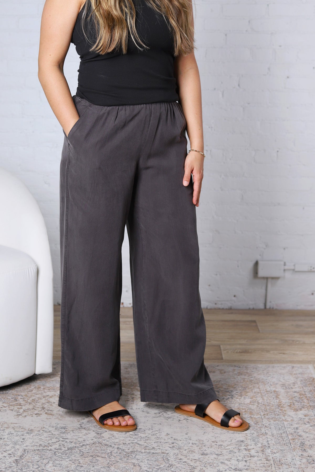 Kenna Sand Washed Tencel Wide Leg Pants - Charcoal Black
