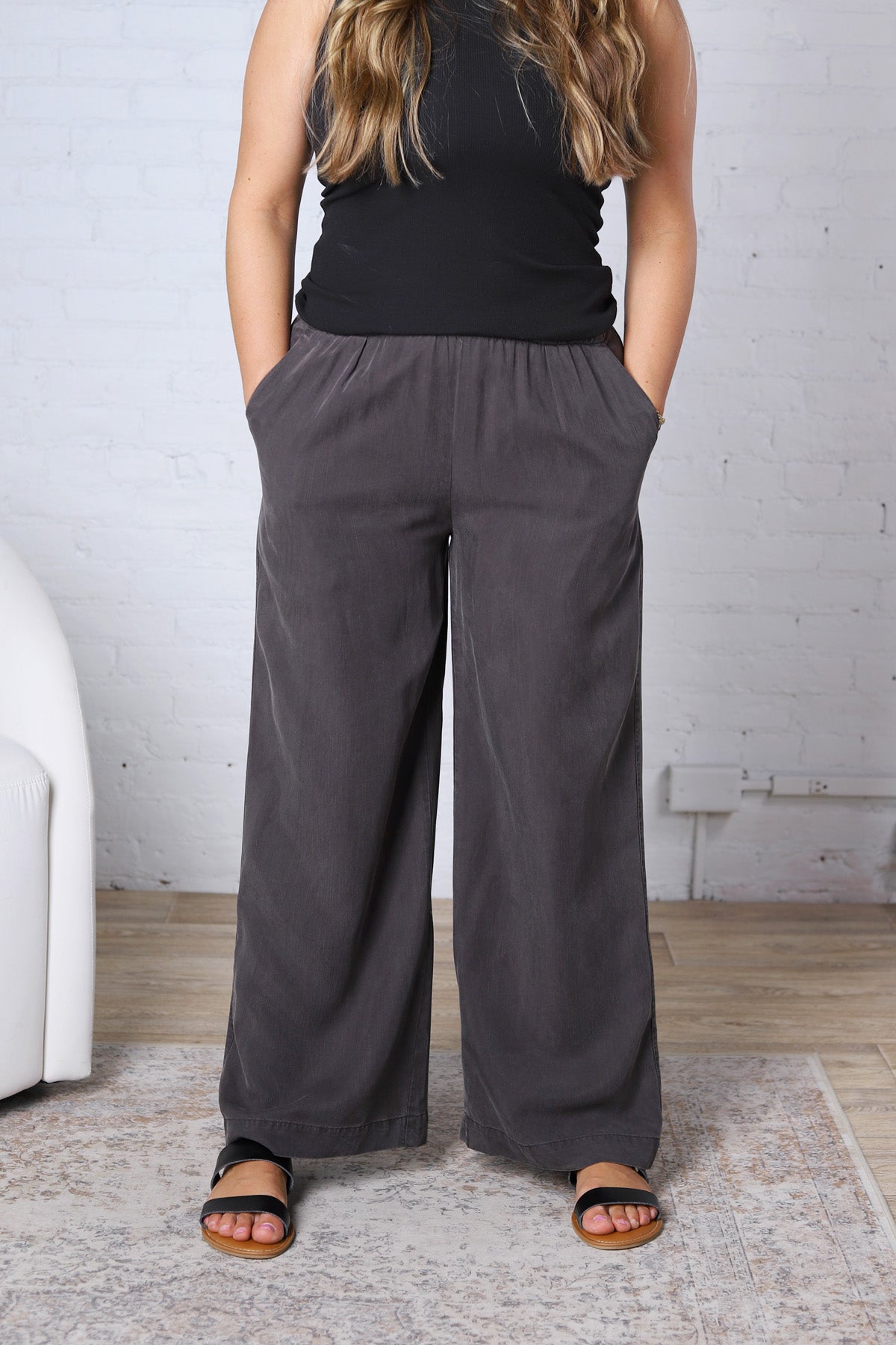 Kenna Sand Washed Tencel Wide Leg Pants - Charcoal Black