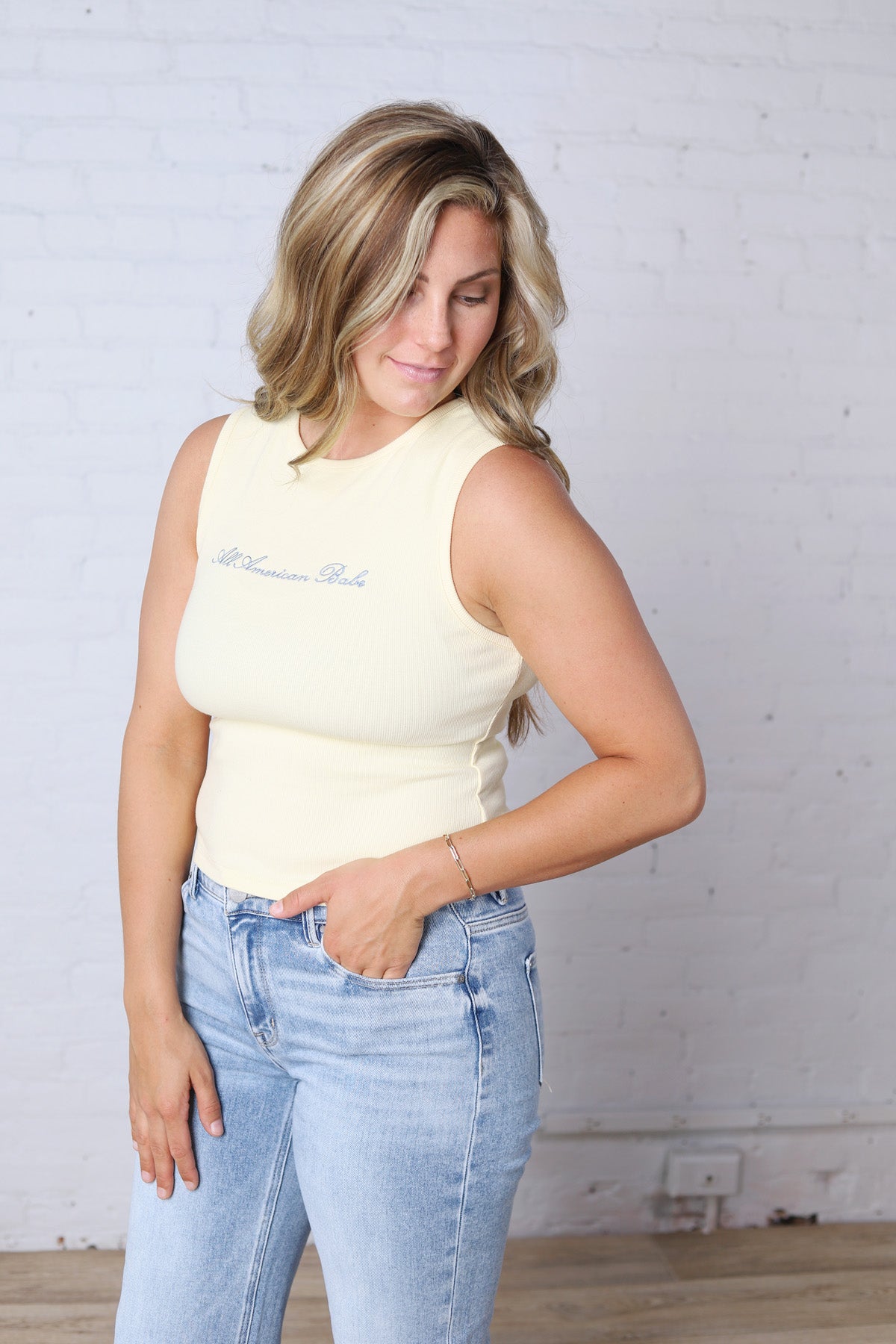 Kennedy "All American Babe" Sleeveless Top - Lt. Yellow FINAL SALE