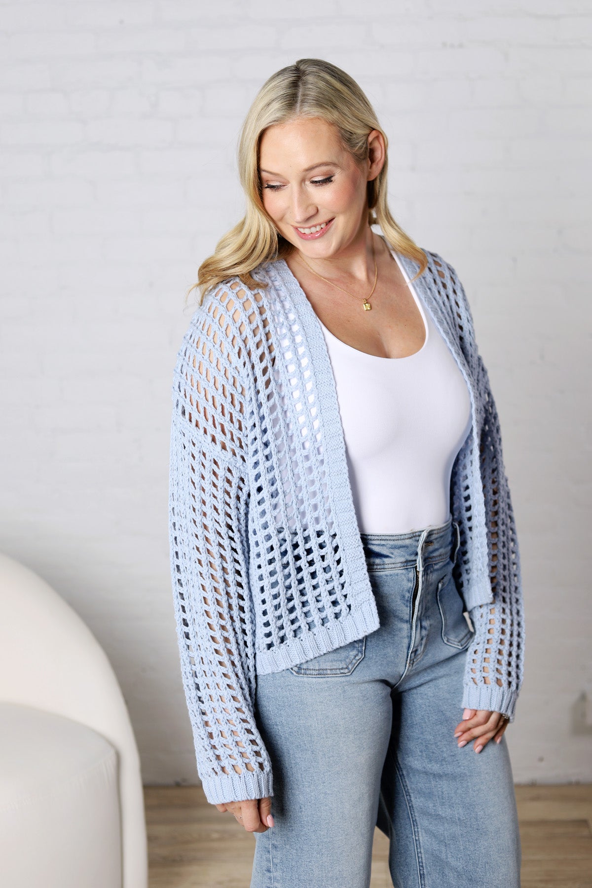 Kessia Crochet Fishnet Open Cardigan - Powder Blue FINAL SALE