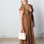 Kiera Sweetheart Neck Shirred Midi Dress - Brown