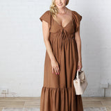 Kiera Sweetheart Neck Shirred Midi Dress - Brown