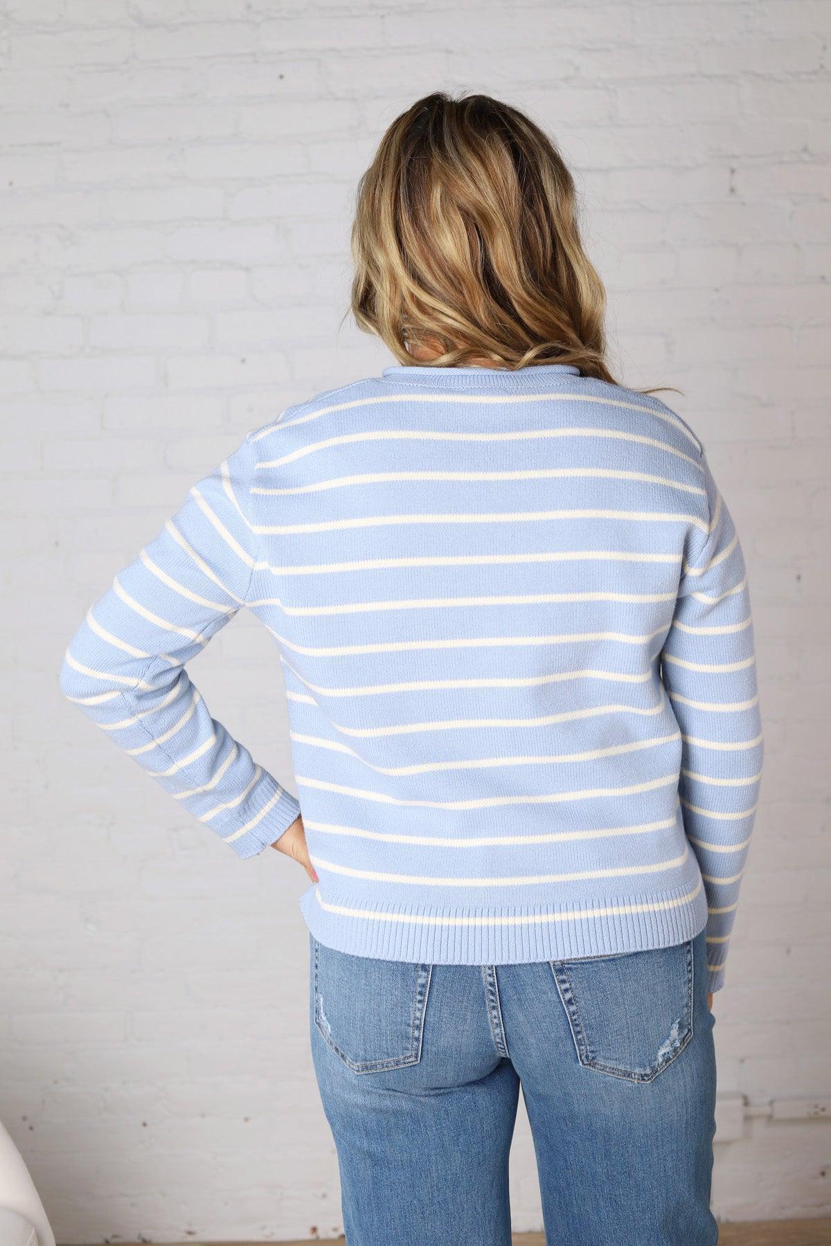 Korrin Striped Button-Up Sweater - Sky/White FINAL SALE