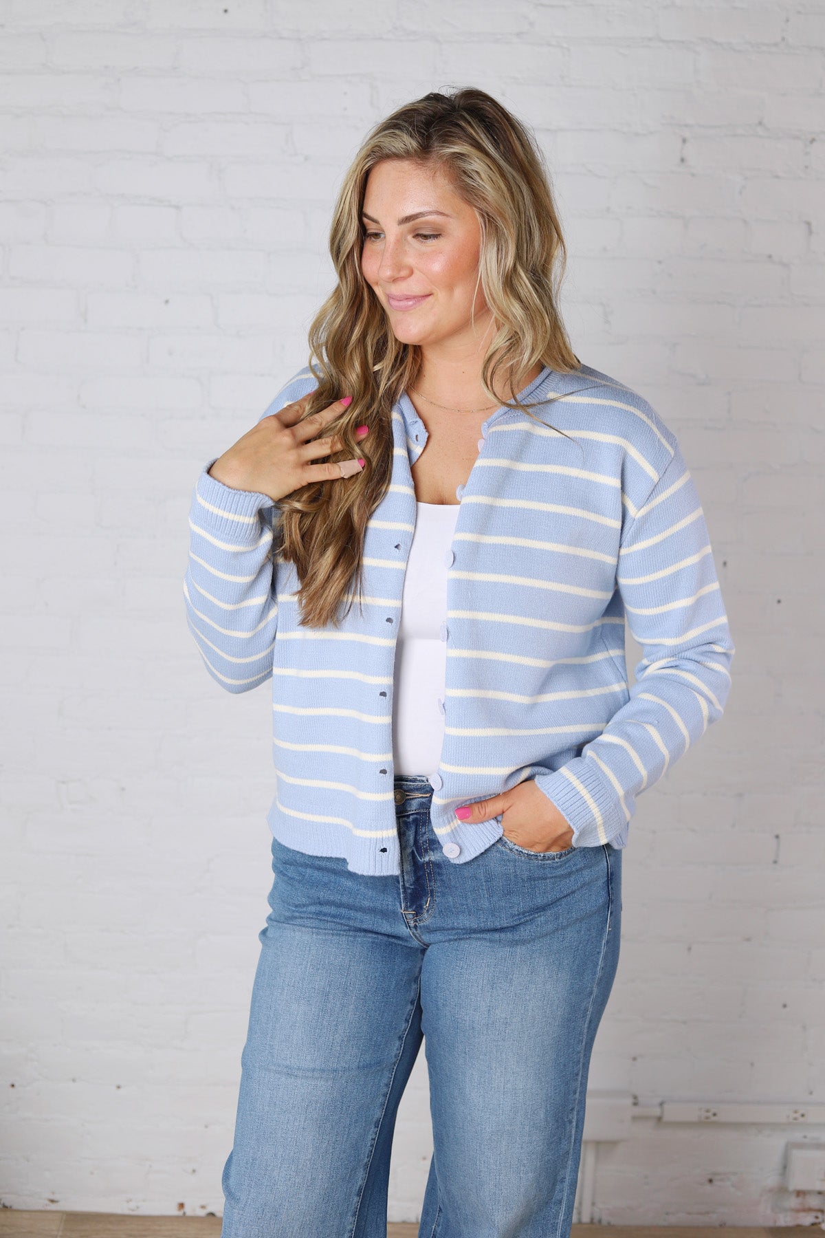 Korrin Striped Button-Up Sweater - Sky/White FINAL SALE