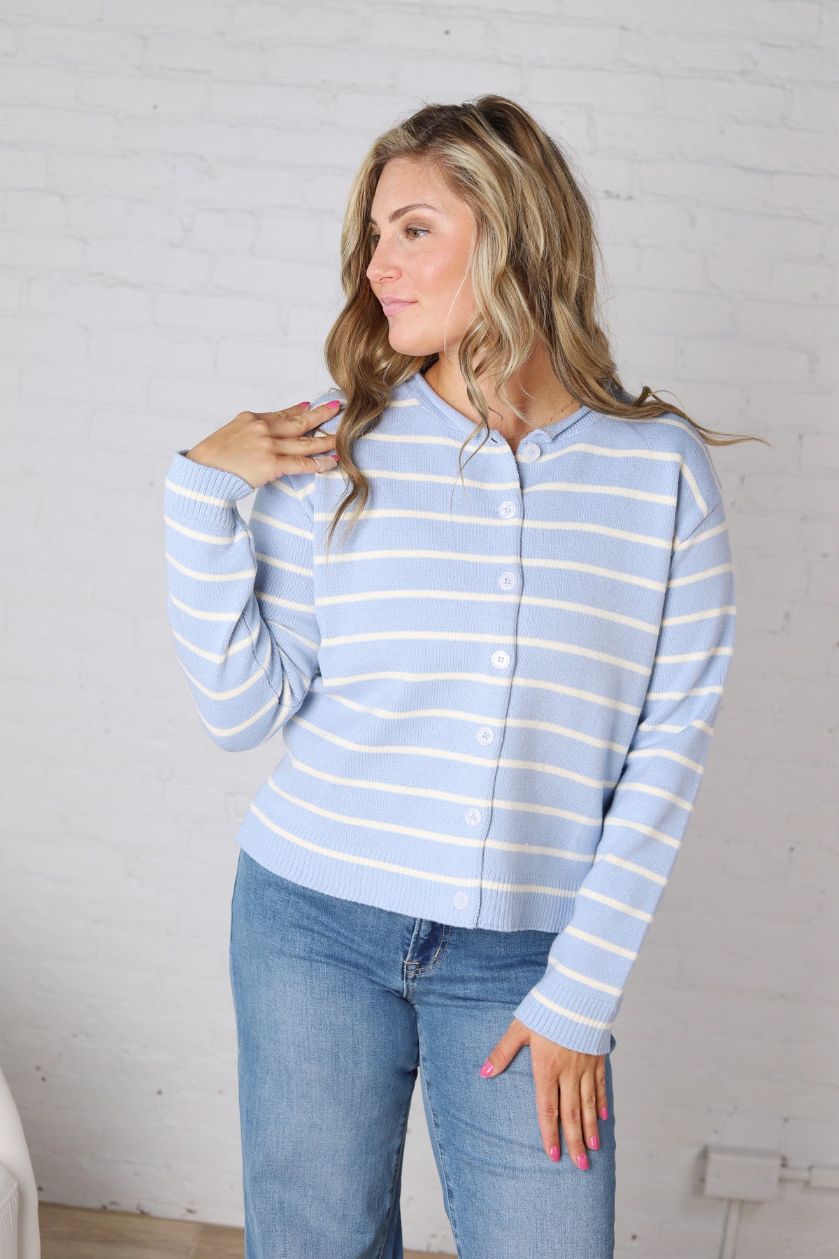 Korrin Striped Button-Up Sweater - Sky/White FINAL SALE