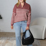 Kristine Half Zip Striped Sweater - Red Bean / Cream