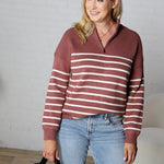 Kristine Half Zip Striped Sweater - Red Bean / Cream