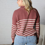 Kristine Half Zip Striped Sweater - Red Bean / Cream