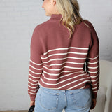 Kristine Half Zip Striped Sweater - Red Bean / Cream