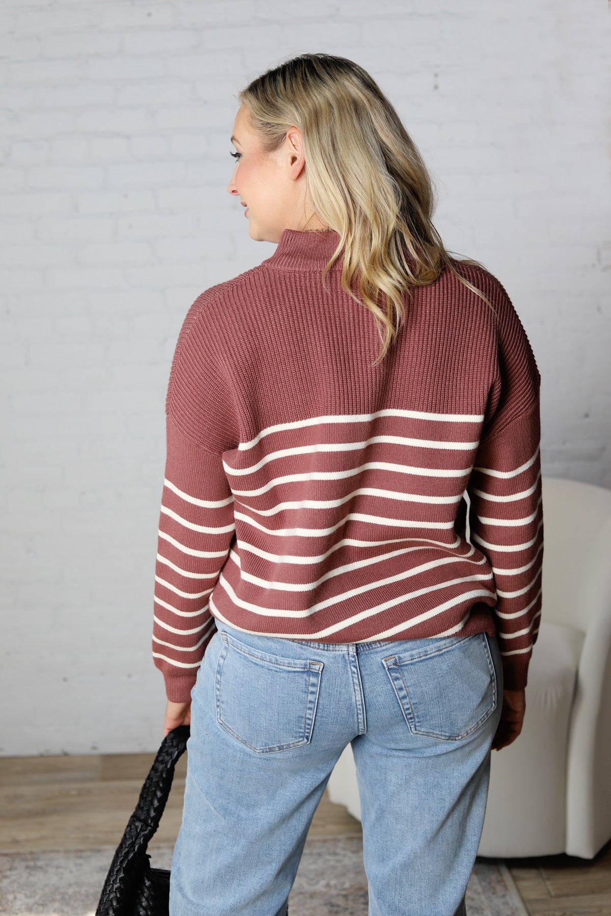 Kristine Half Zip Striped Sweater - Red Bean / Cream