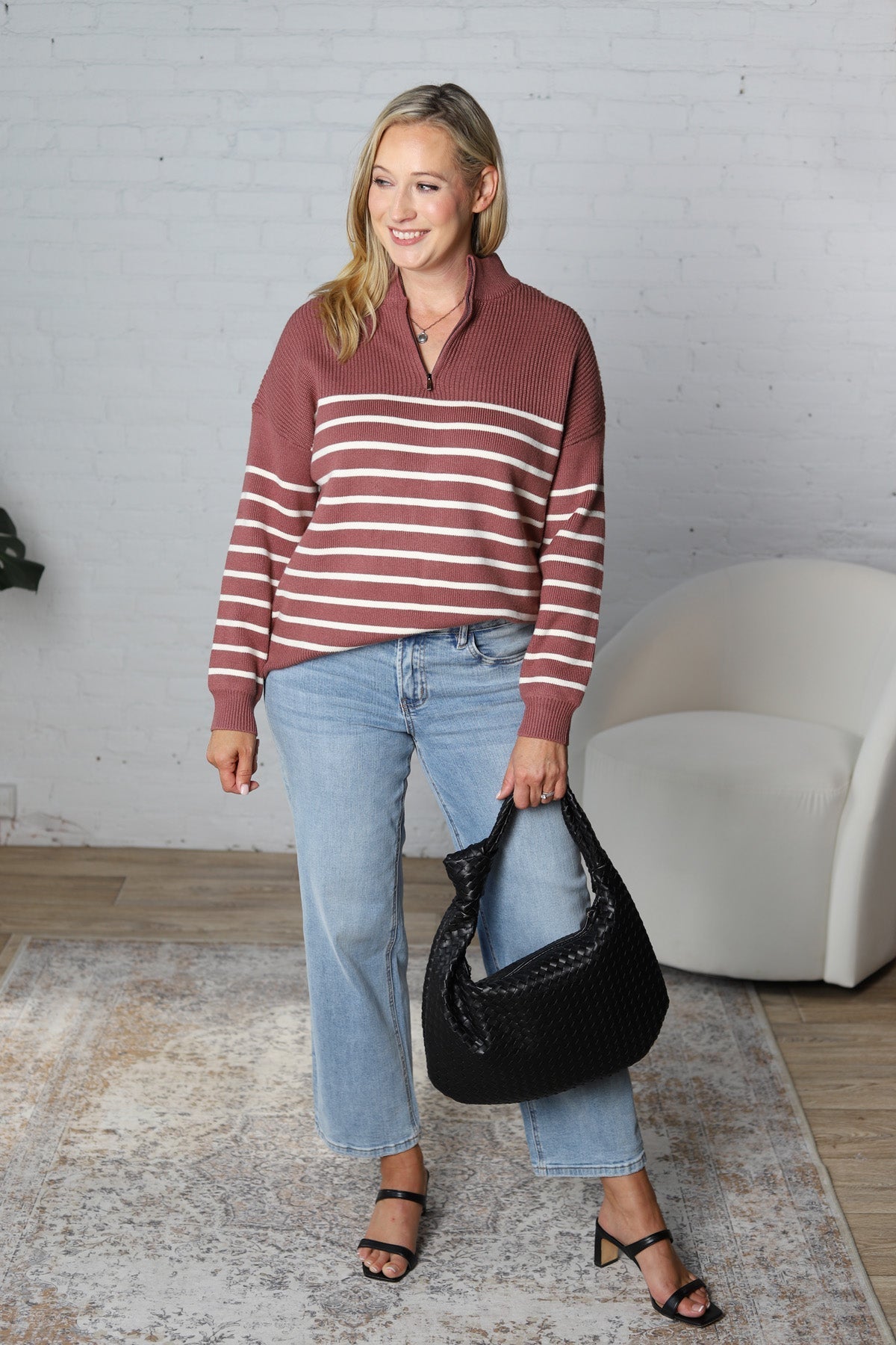 Kristine Half Zip Striped Sweater - Red Bean / Cream - FINAL SALE