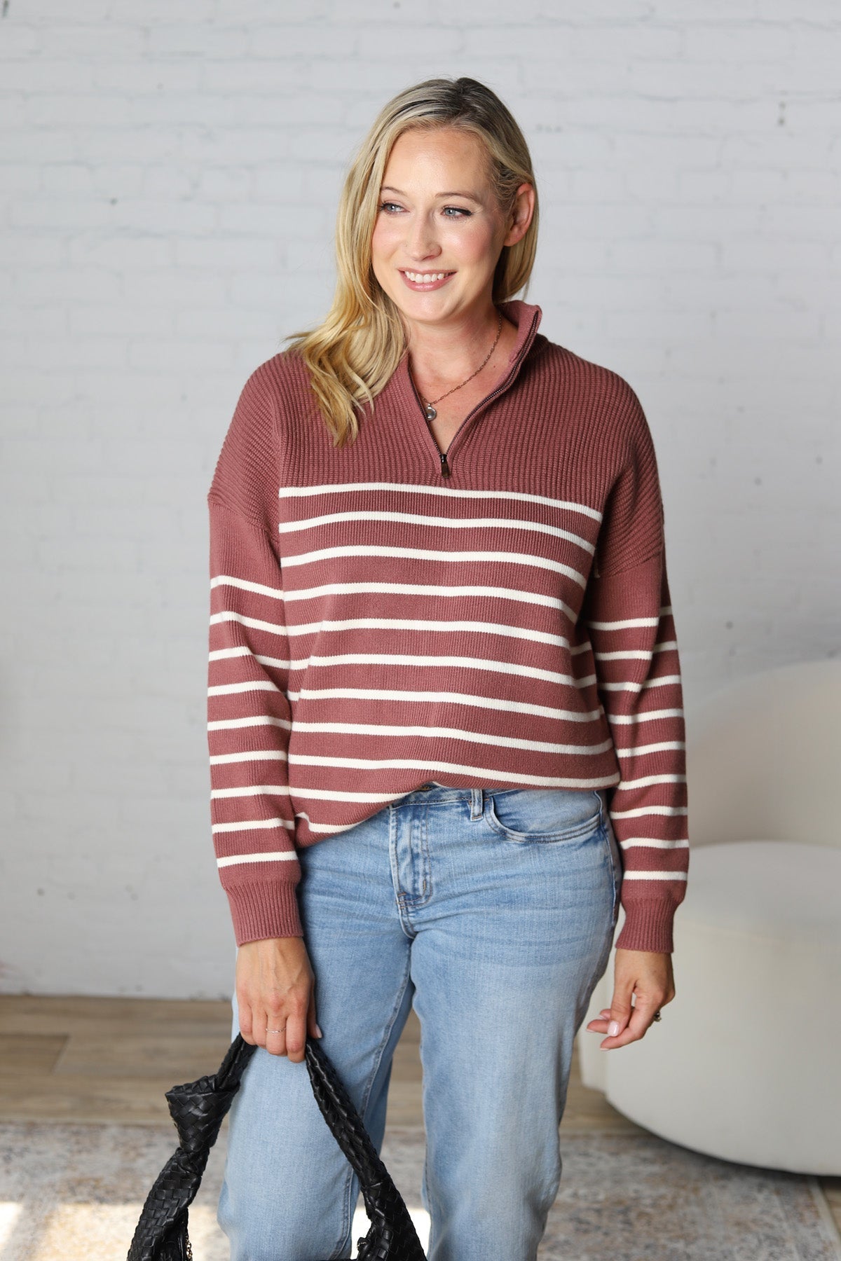 Kristine Half Zip Striped Sweater - Red Bean / Cream - FINAL SALE