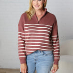 Kristine Half Zip Striped Sweater - Red Bean / Cream