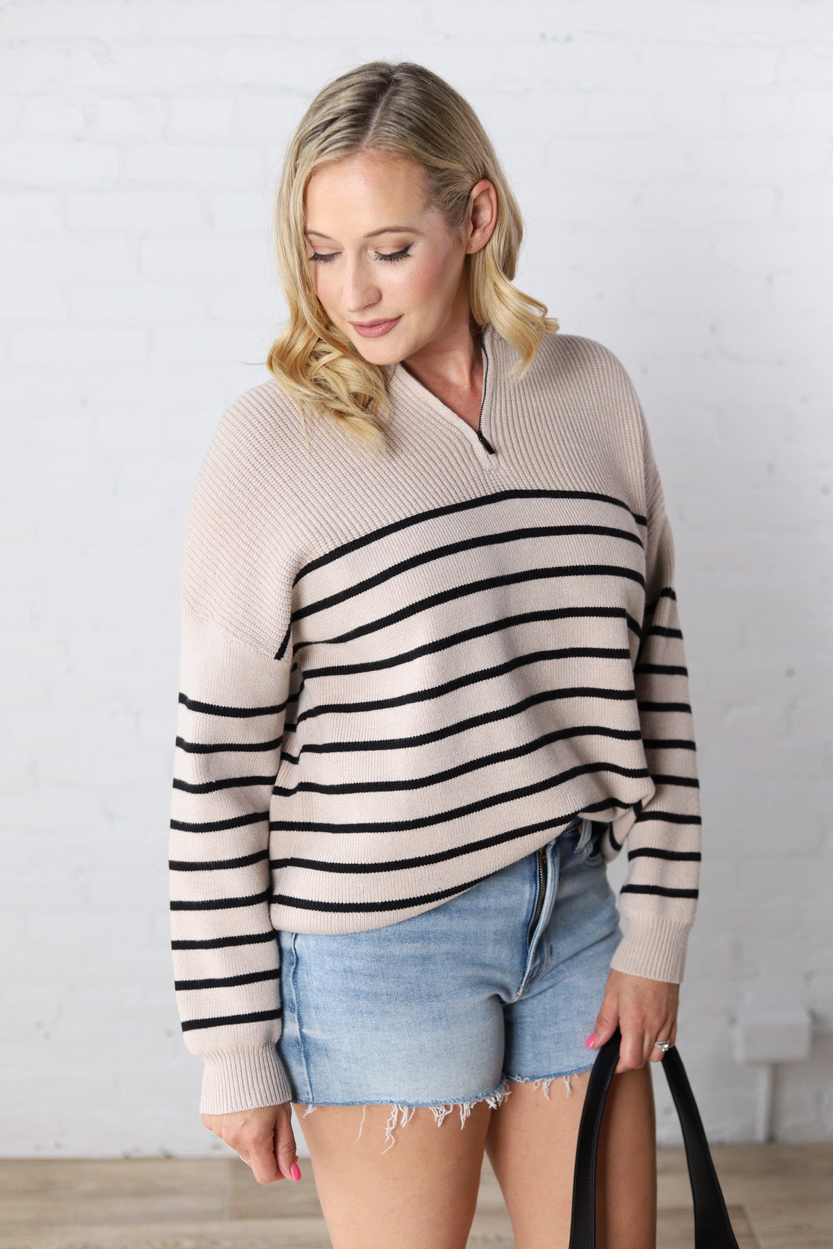 Kristine Half Zip Striped Sweater - Shell/Black