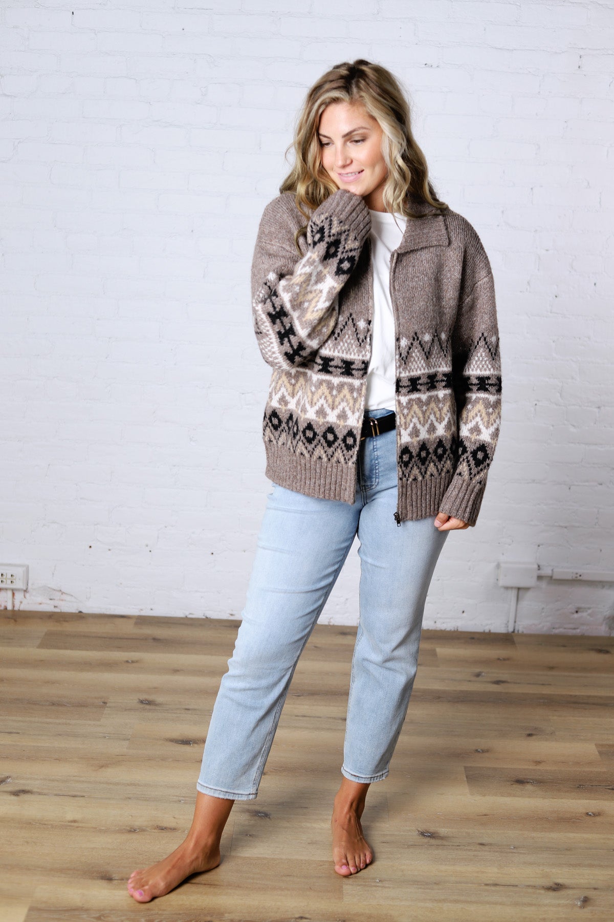 Lainey Knit Sweater Zip-Up Collar Neck - Heather Mocha