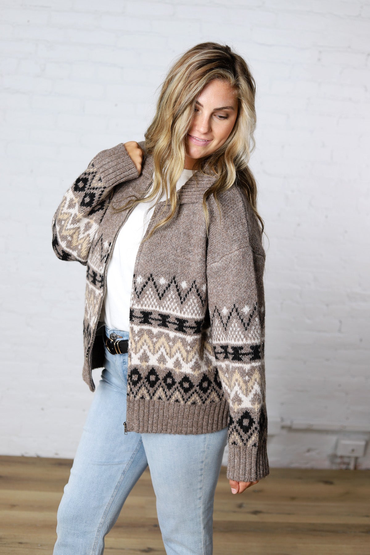 Lainey Knit Sweater Zip-Up Collar Neck - Heather Mocha