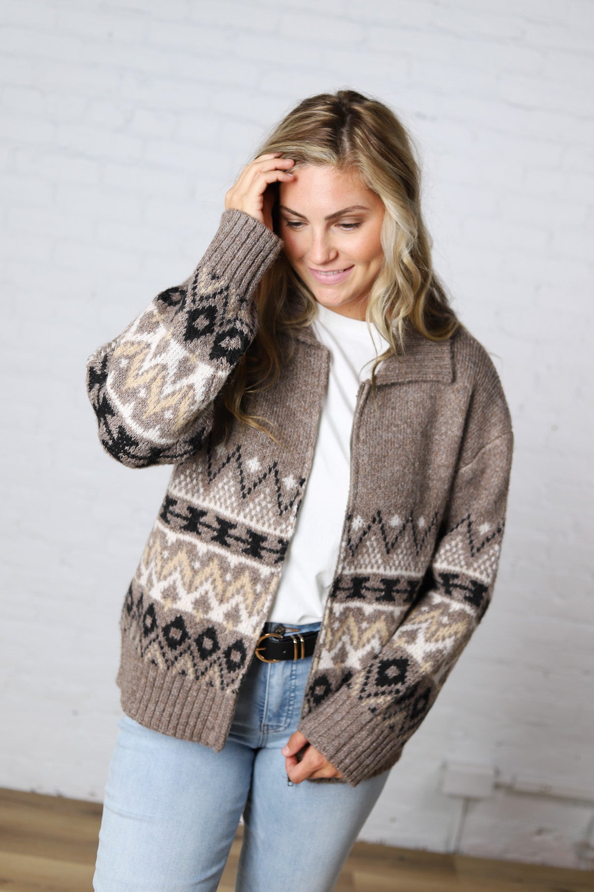 Lainey Knit Sweater Zip-Up Collar Neck - Heather Mocha