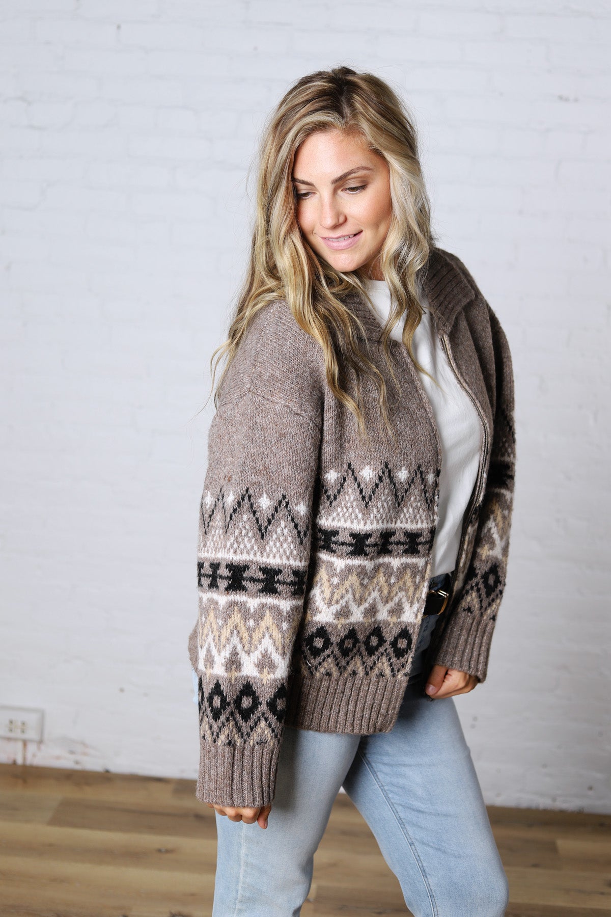 Lainey Knit Sweater Zip-Up Collar Neck - Heather Mocha
