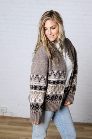 Lainey Knit Sweater Zip-Up Collar Neck - Heather Mocha