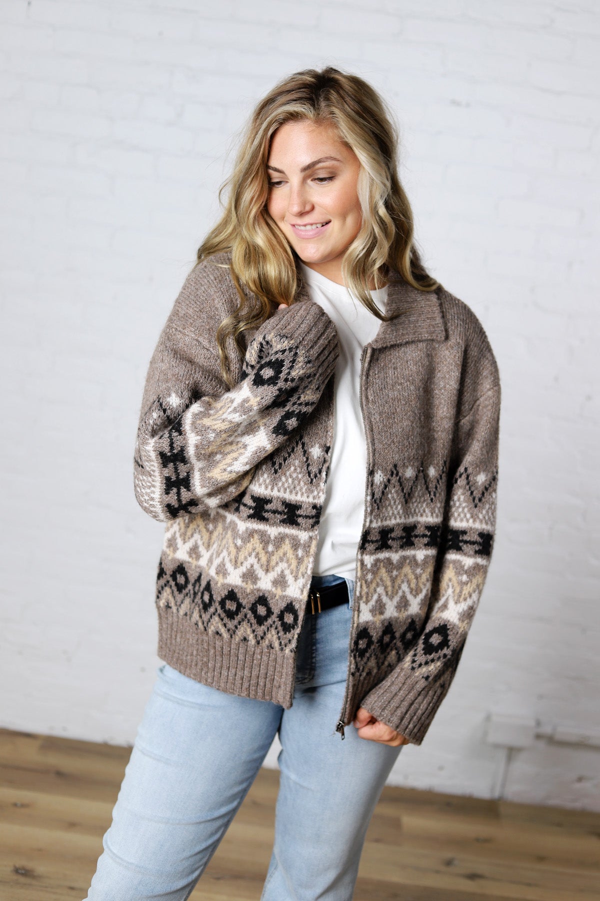 Lainey Knit Sweater Zip-Up Collar Neck - Heather Mocha