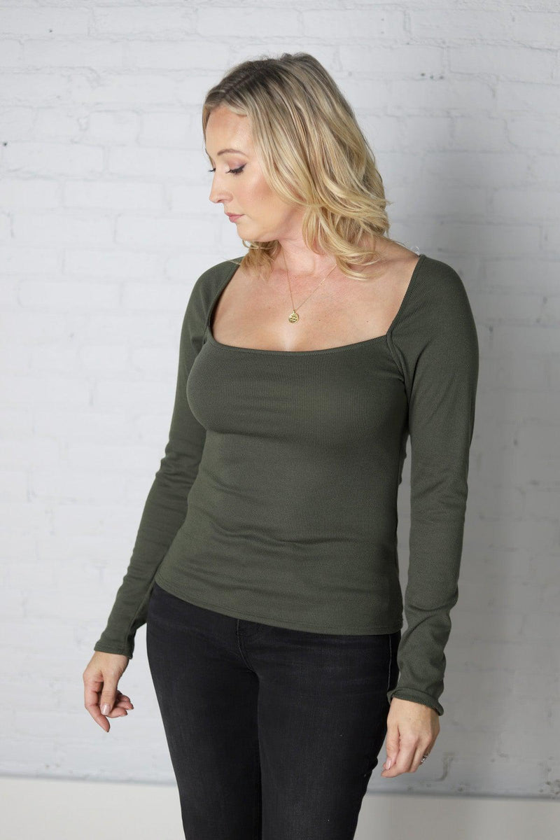 Laslo Long Sleeve Square Neck Rib Top - Olive