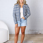 Laure Chunky Knit Striped Open Cardigan - Blue