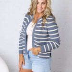 Laure Chunky Knit Striped Open Cardigan - Blue
