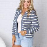 Laure Chunky Knit Striped Open Cardigan - Blue