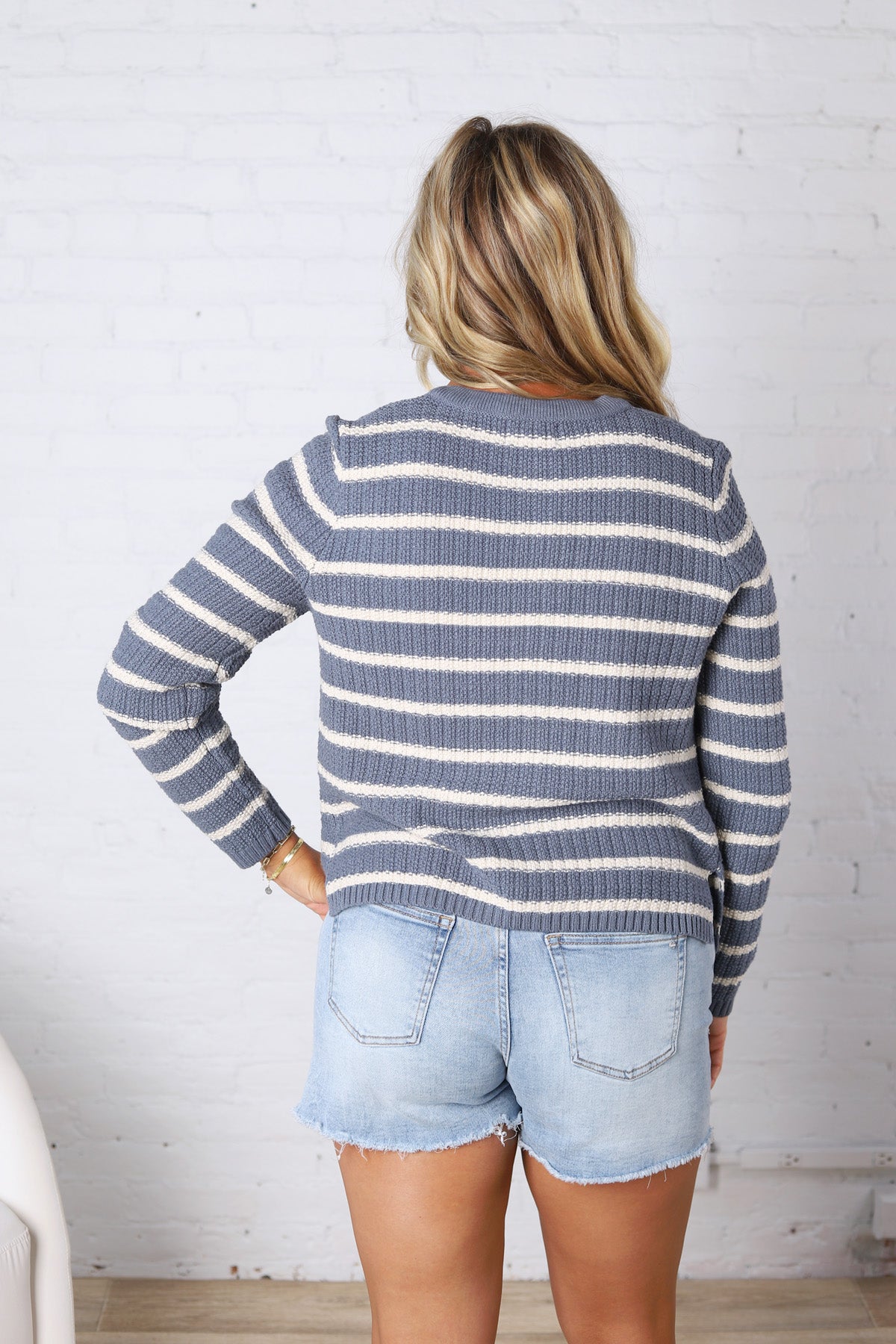 Laure Chunky Knit Striped Open Cardigan - Blue