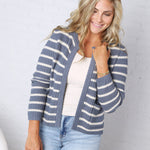 Laure Chunky Knit Striped Open Cardigan - Blue
