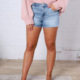 Laurel High Rise Distressed Denim Shorts - Victoria Blue