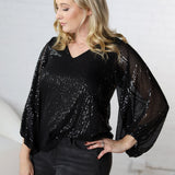 Leila Balloon Sleeve Sequin Blouse - Black - FINAL SALE