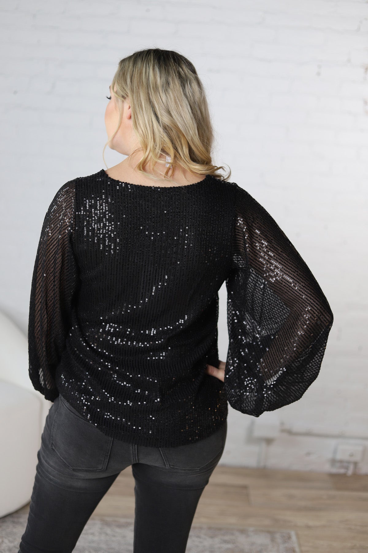 Leila Balloon Sleeve Sequin Blouse - Black - FINAL SALE