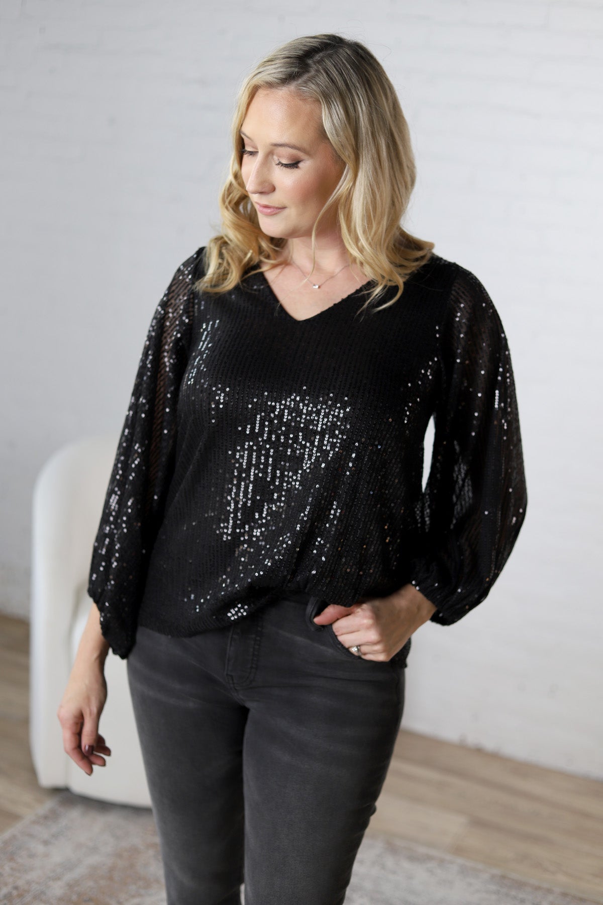 Leila Balloon Sleeve Sequin Blouse - Black - FINAL SALE