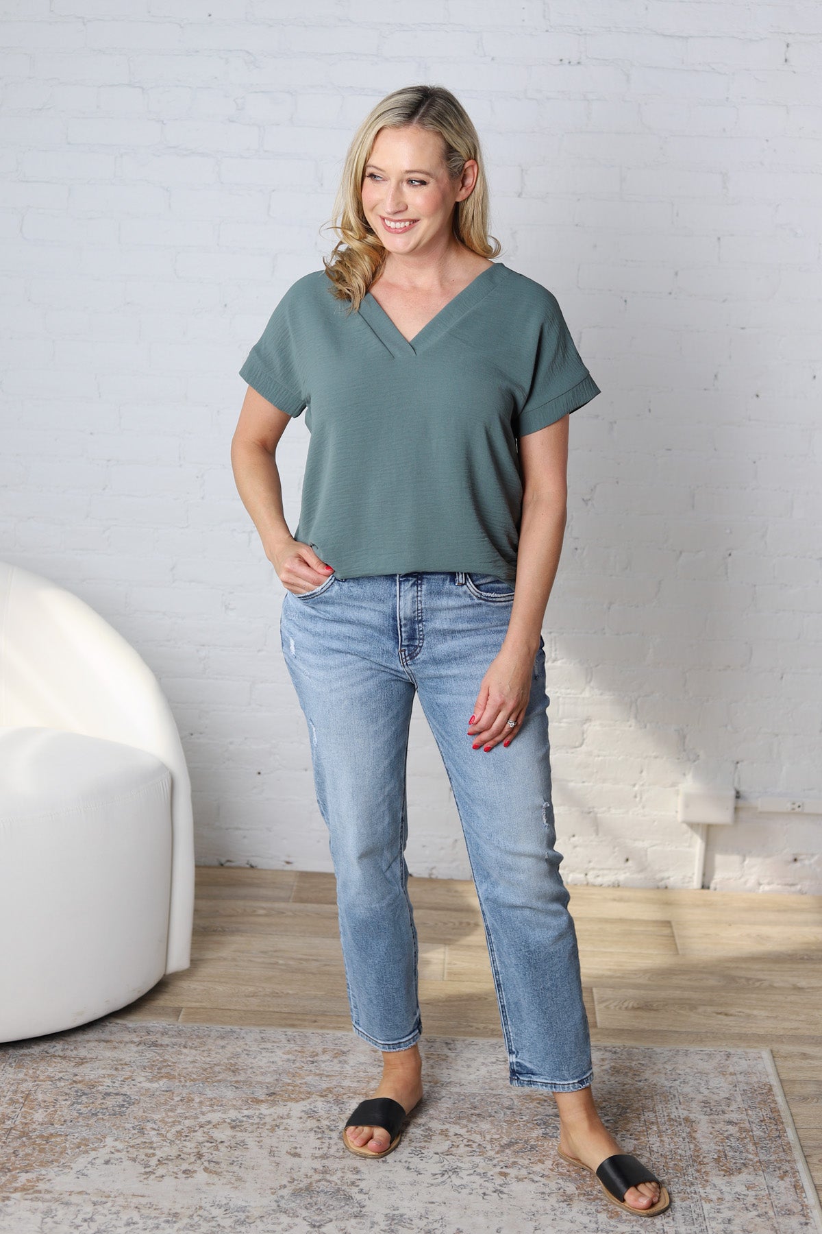 Lena Woven Airflow V-Neck Top - Ash Jade