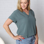 Lena Woven Airflow V-Neck Top - Ash Jade