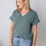 Lena Woven Airflow V-Neck Top - Ash Jade