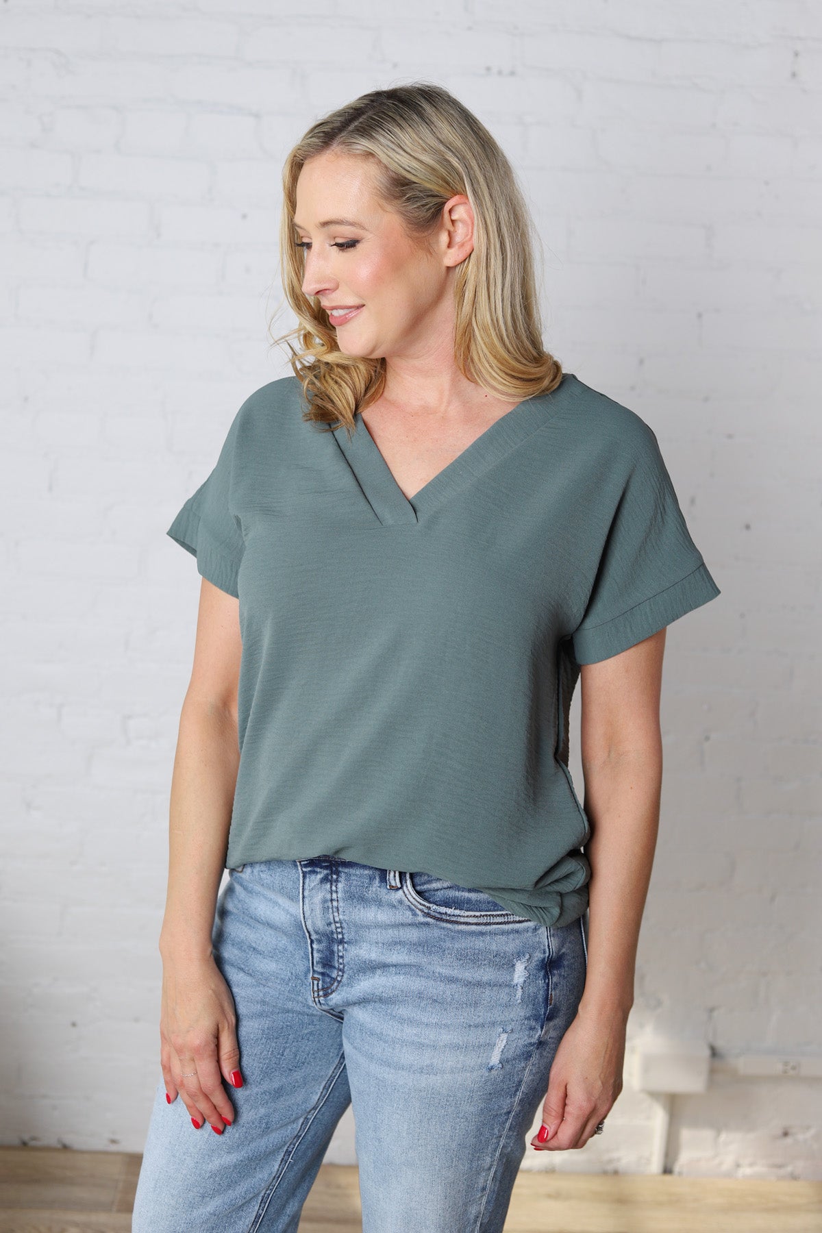 Lena Woven Airflow V-Neck Top - Ash Jade