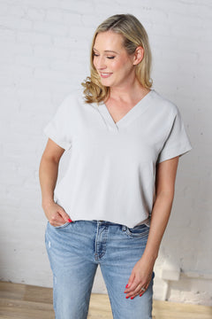 Lena Woven Airflow V-Neck Top - Lt Cement