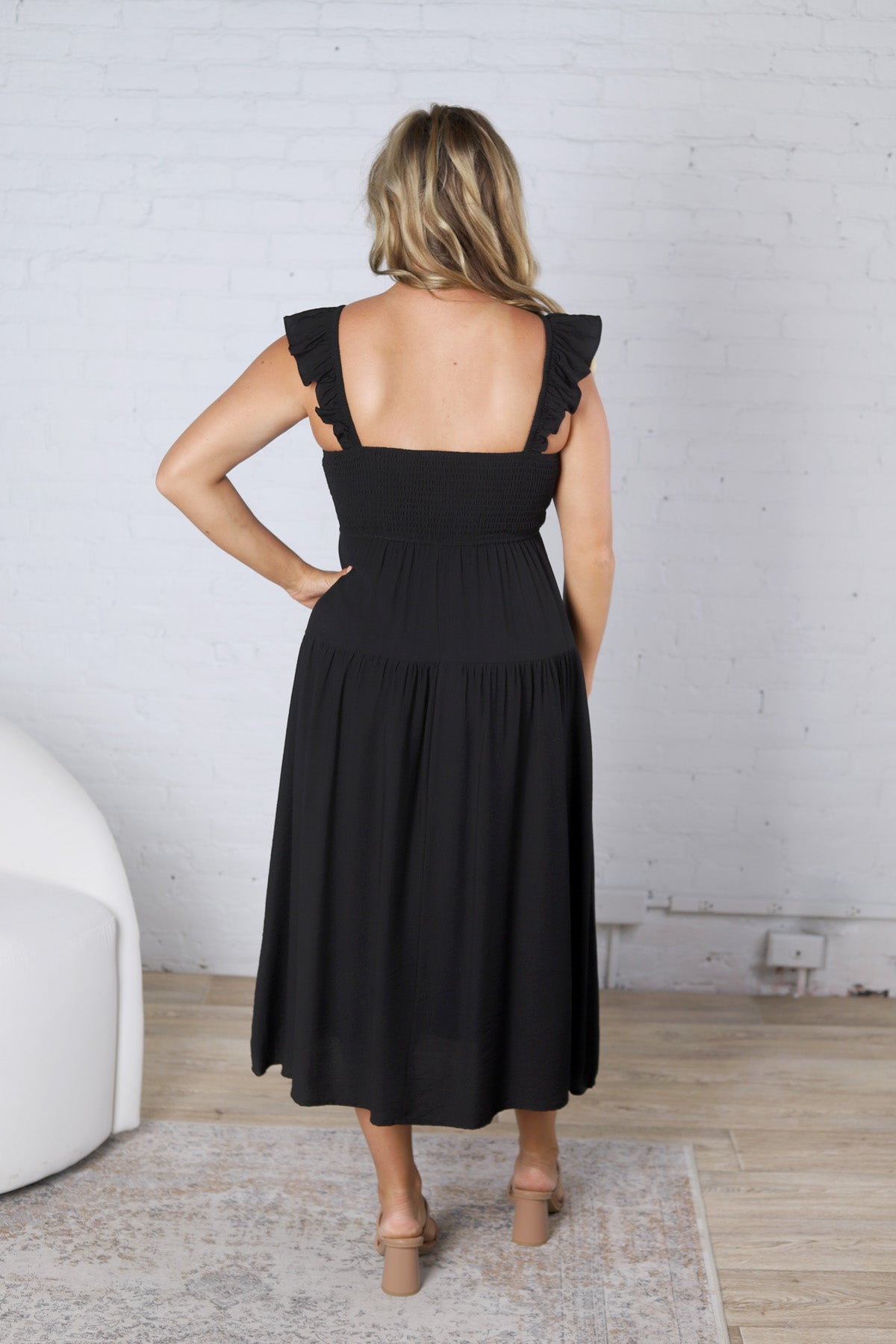 Lennon Smocked Ruffle Sleeve Midi Dress - Black