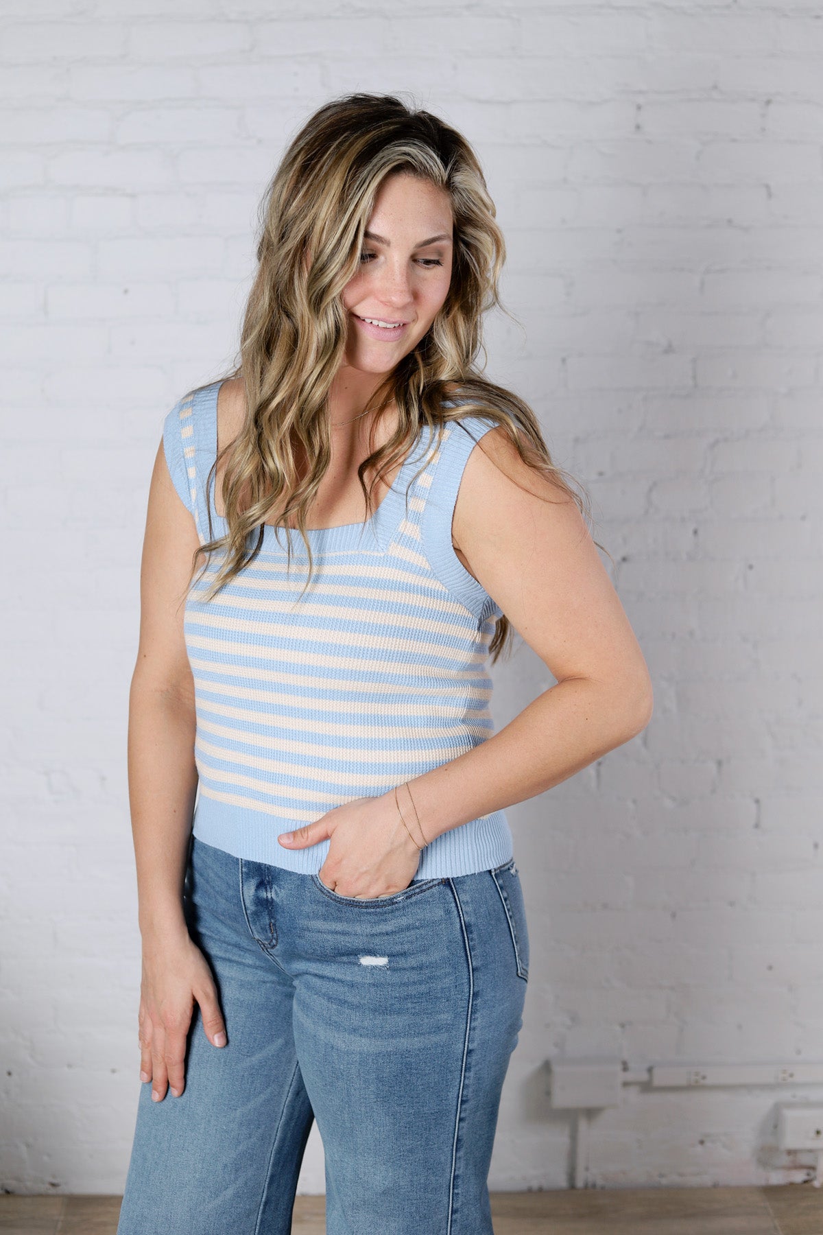 Leny Striped Square Neck Tank - Powder Blue FINAL SALE