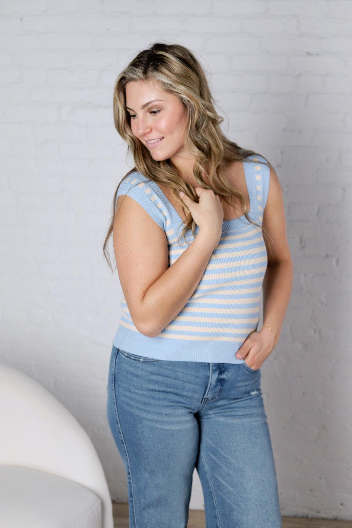 Leny Striped Square Neck Tank - Powder Blue FINAL SALE