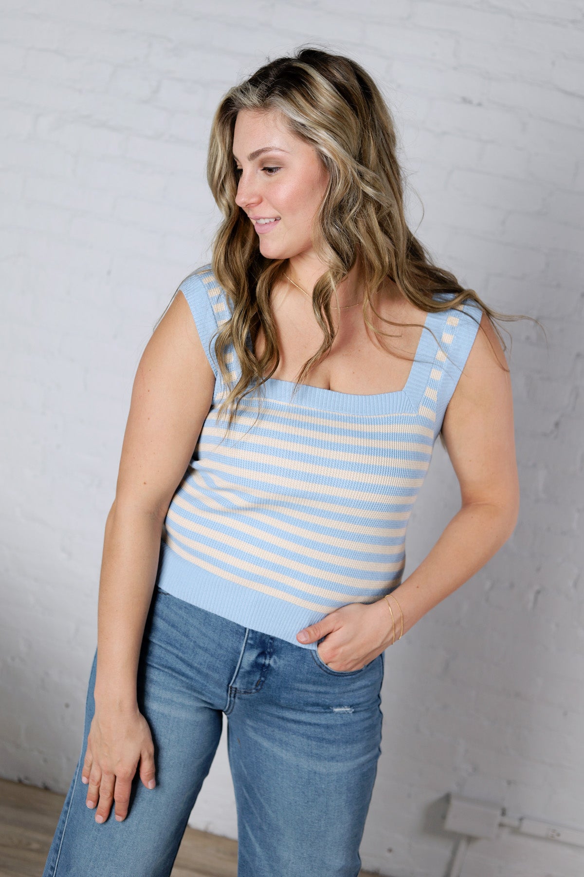 Leny Striped Square Neck Tank - Powder Blue