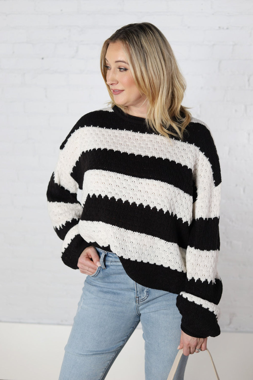 Lesha Striped Crew Neck Sweater - Black